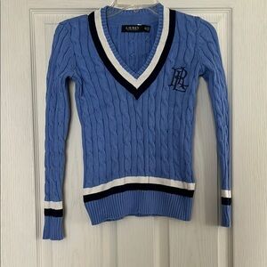 Ralph Lauren Blue V-Neck Tennis Cable Knit Sweater